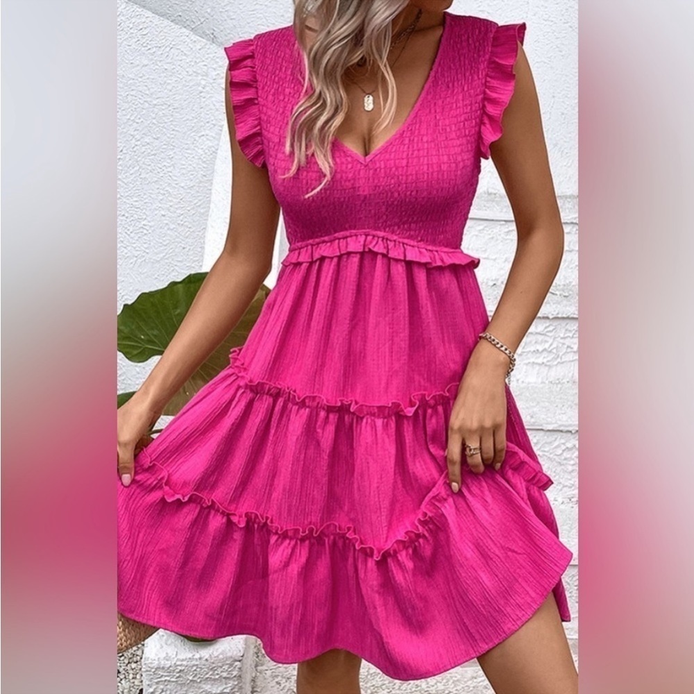 Smocked Frill Trim Deep V Dress Hot Pink Barbie
